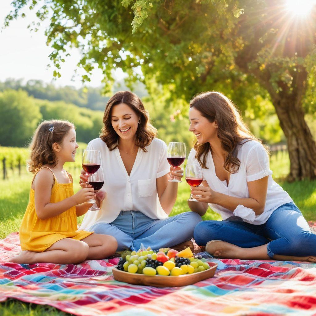 A sunlit vineyard scene featuring a joyful family engaging in a wine tasting adventure, with laughing children holding juice glasses and parents savoring wine. Colorful picnic blankets spread out with a vibrant spread of kid-friendly snacks and toy grapes, surrounded by lush vines and cheerful flowers. The atmosphere is warm and inviting, embodying the essence of family fun and relaxation in a beautiful outdoor setting. soft focus, vibrant colors, cheerful ambiance.
