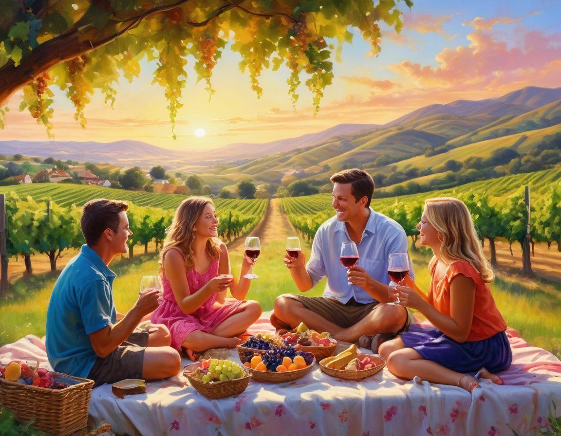 A whimsical scene of a family enjoying a vineyard picnic, with kids playfully tasting grape juice from colorful wine glasses, surrounded by lush grapevines and rolling hills. The parents share a toast with real wine, while children explore, smiling and laughing. The atmosphere is cheerful and inviting, with a warm sunset glow illuminating the scene. vibrant colors. painting.