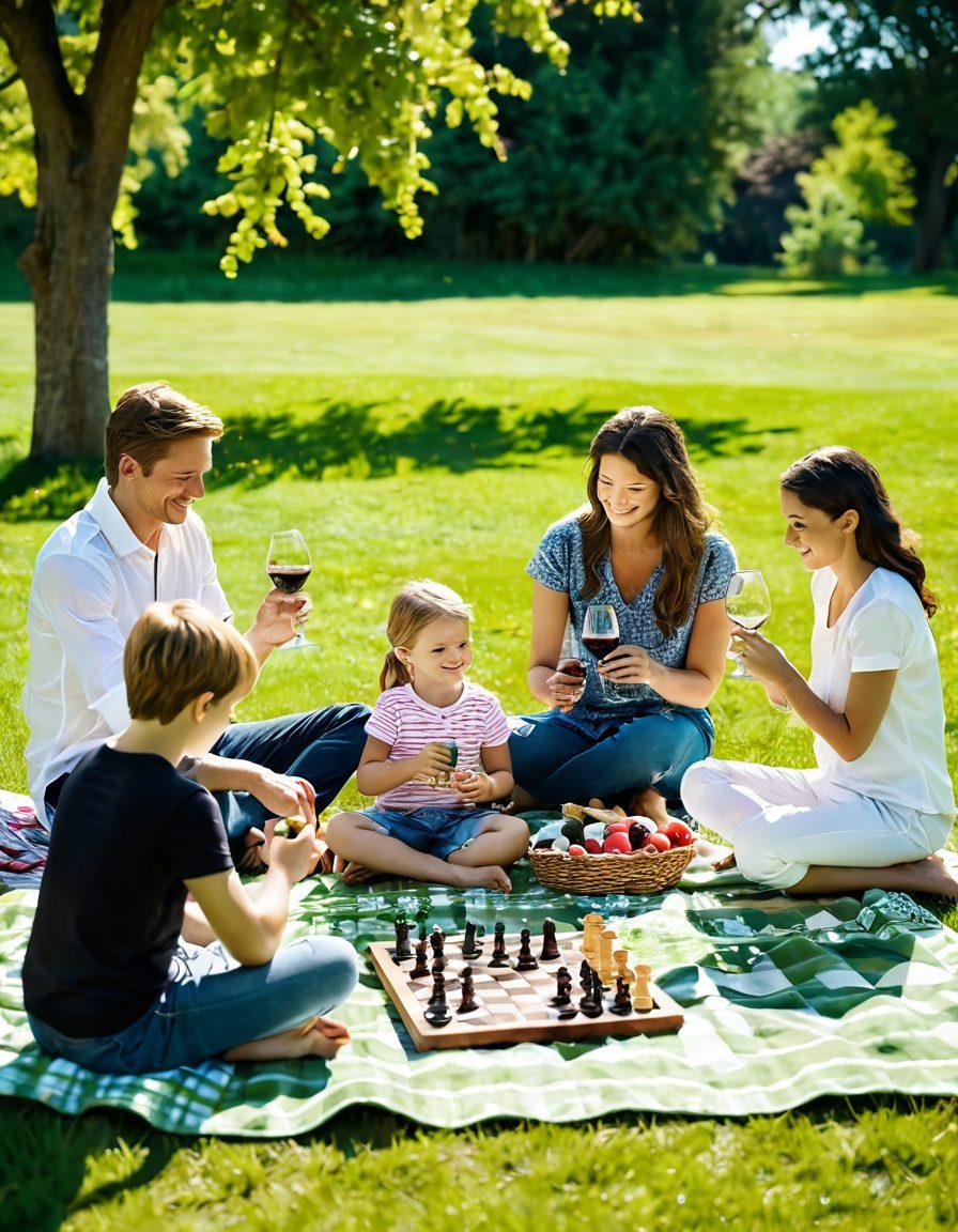 A picturesque family picnic scene in a sunlit park, featuring a cozy picnic blanket with wine glasses and a bottle of wine on one side, and engaging children's games like outdoor chess and frisbee on the other. The parents are smiling, enjoying a sip of wine while the kids play joyfully. Soft green grass and vibrant flowers surround them, creating a warm and inviting atmosphere. super-realistic. vibrant colors. warm lighting.
